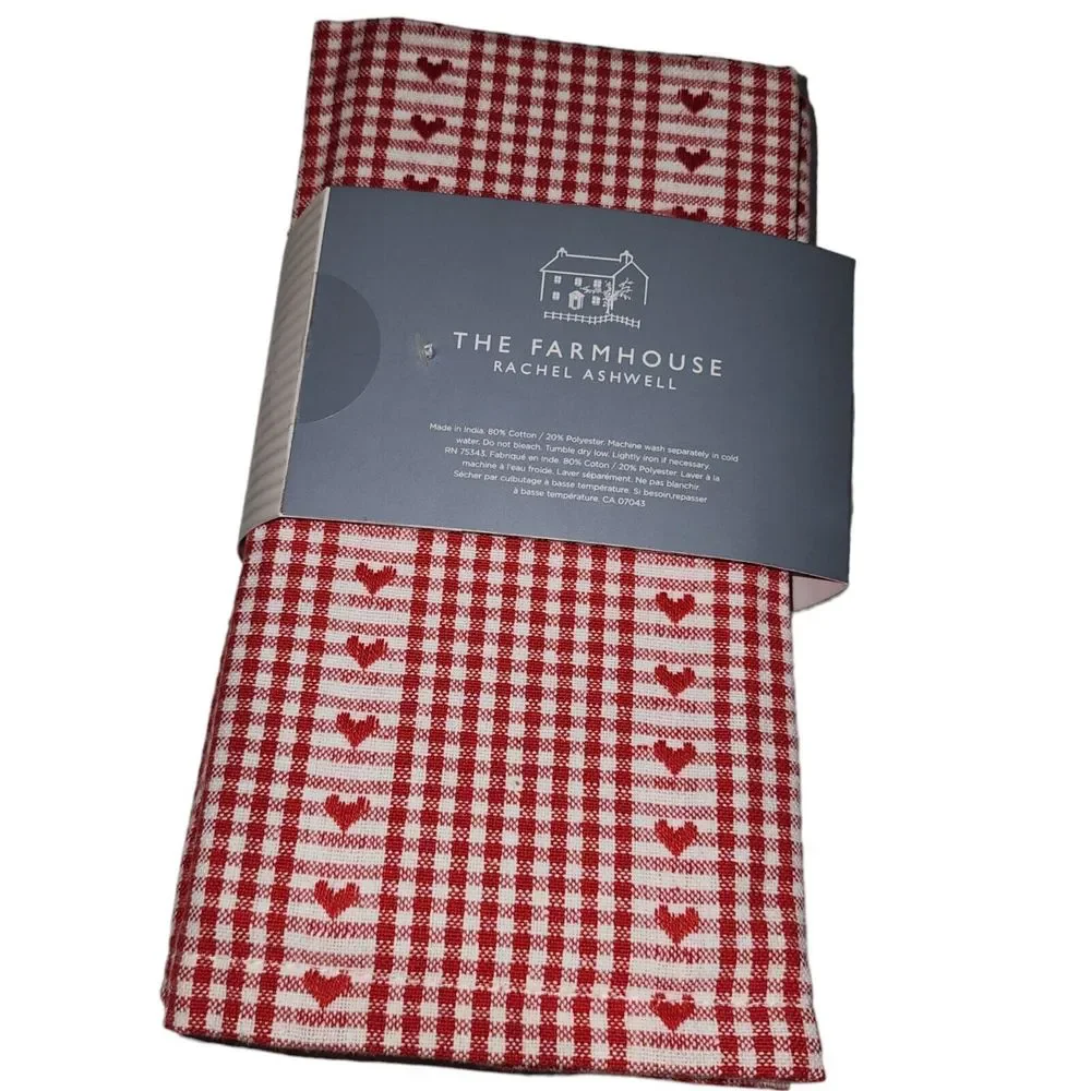 Rachel Ashwell 6pc Red and White Checkered Napkin Set Embroidered Hearts‎ NEW